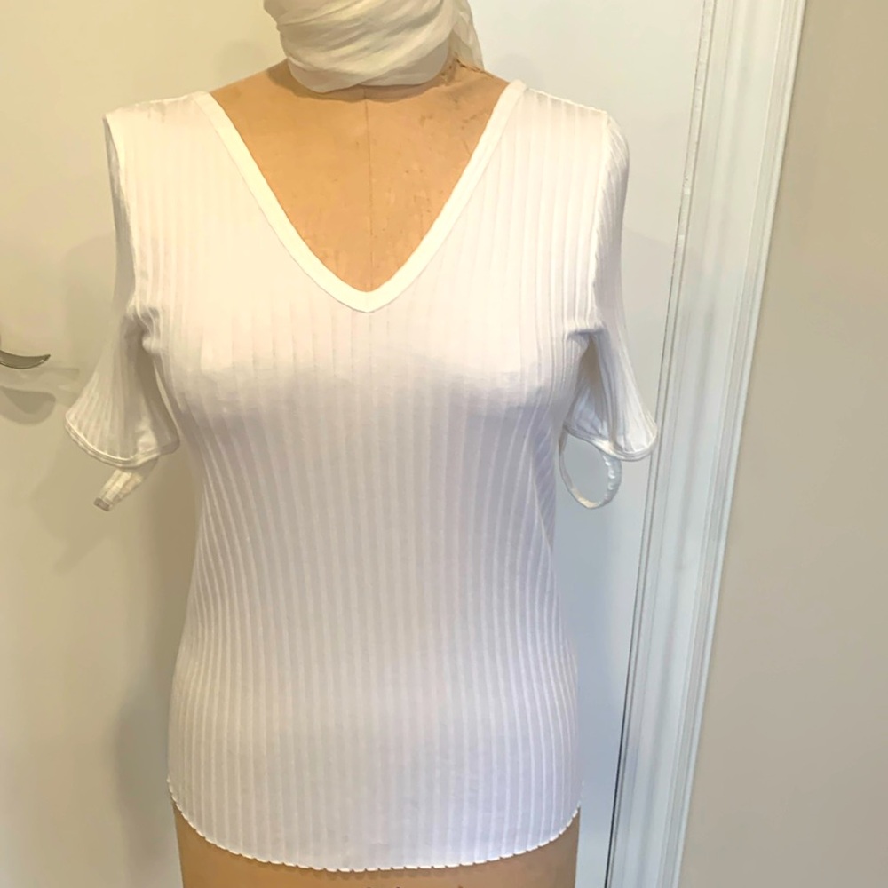 Helmet Lang white rib knit Tshirt low neck with extra rib bar sleeve detail